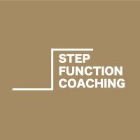 White text "STEP FUNCTION COACHING" arranged next to a stepped line on a solid brown background.