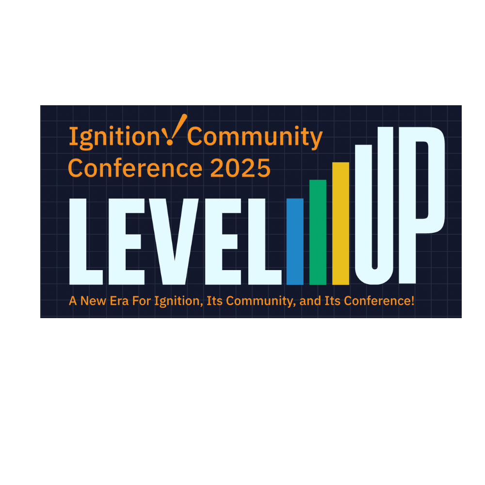 Banner reads "Ignition Community Conference 2025 LEVEL UP. A New Era For Ignition, Its Community, and Its Conference!" with LEVEL UP depicted in large bold letters and colored bars.